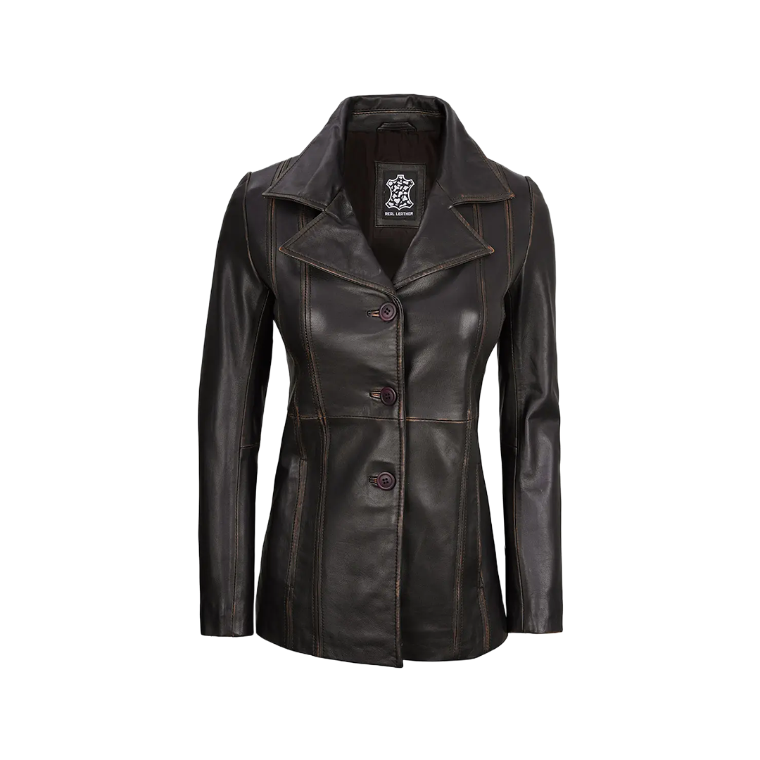 Women's Three-Button Dark Brown Rub Off Leather Blazer