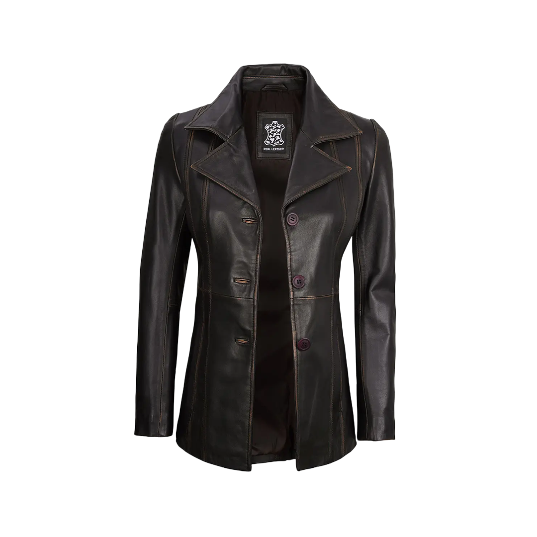 Women's Three-Button Dark Brown Rub Off Leather Blazer