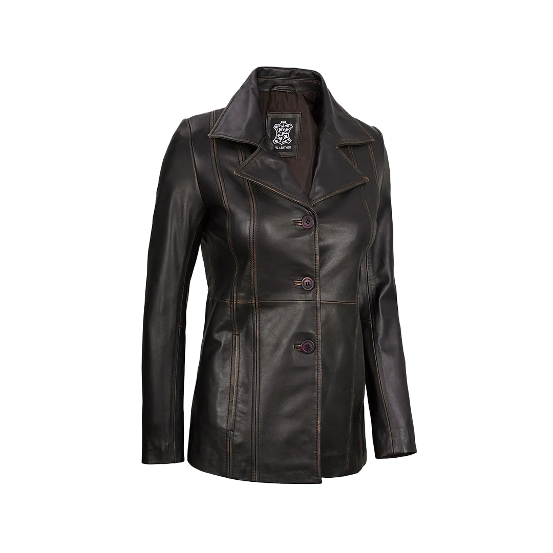Women's Three-Button Dark Brown Rub Off Leather Blazer