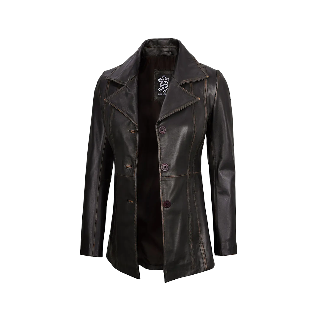 Women's Three-Button Dark Brown Rub Off Leather Blazer