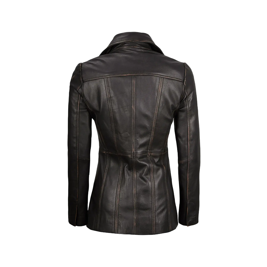 Women's Three-Button Dark Brown Rub Off Leather Blazer