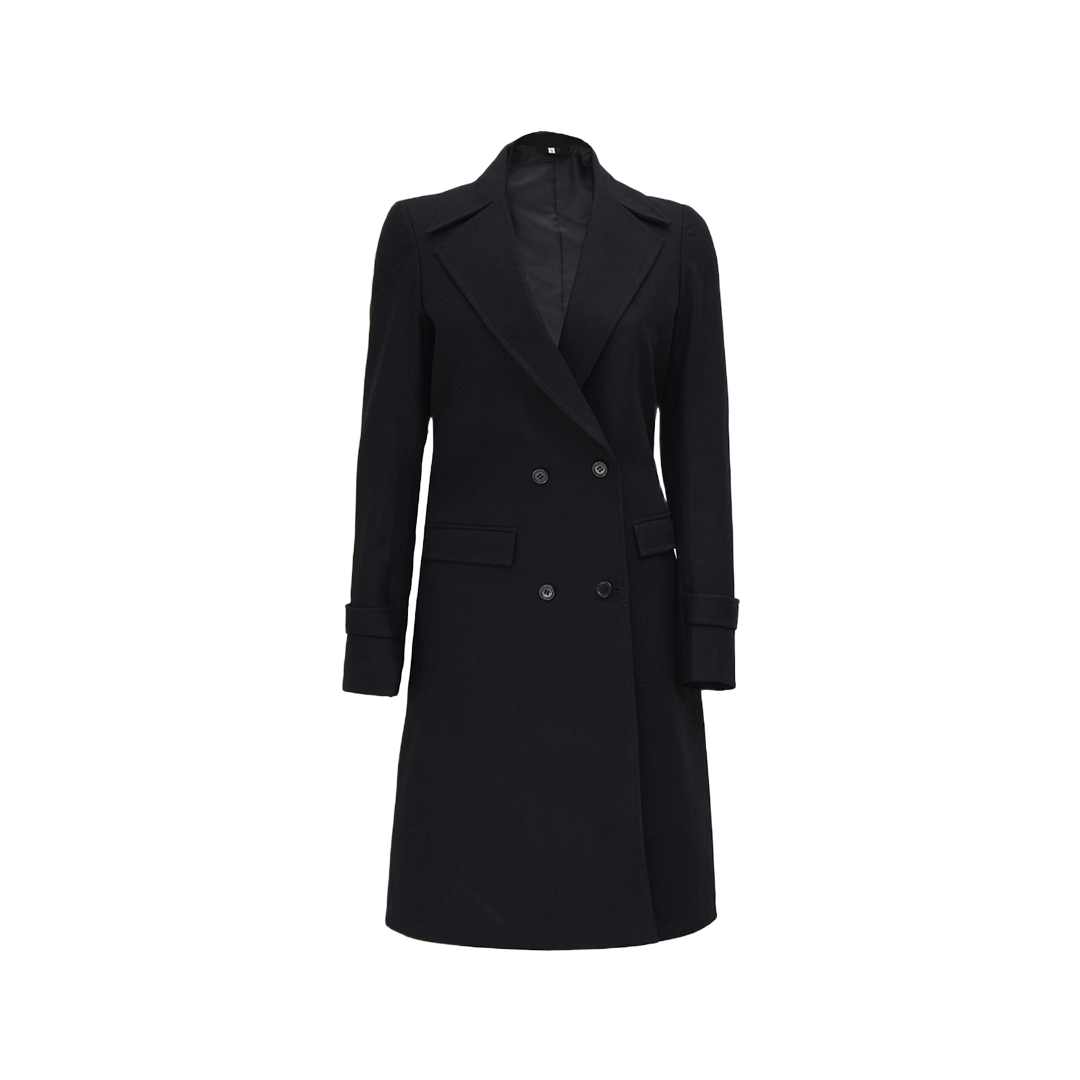 Womens Two Pockets Double Breasted Black Wool Coat