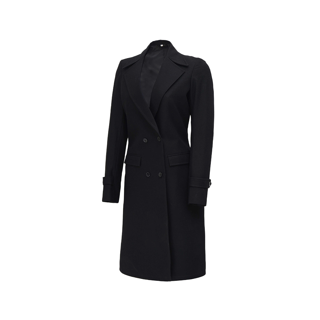 Womens Two Pockets Double Breasted Black Wool Coat