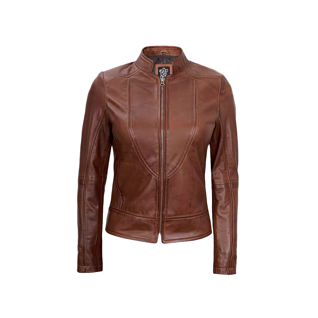 Women's Vintage Cafe Racer Cognac Brown Leather Jacket
