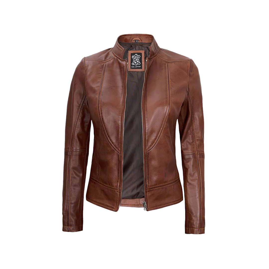 Women's Vintage Cafe Racer Cognac Brown Leather Jacket