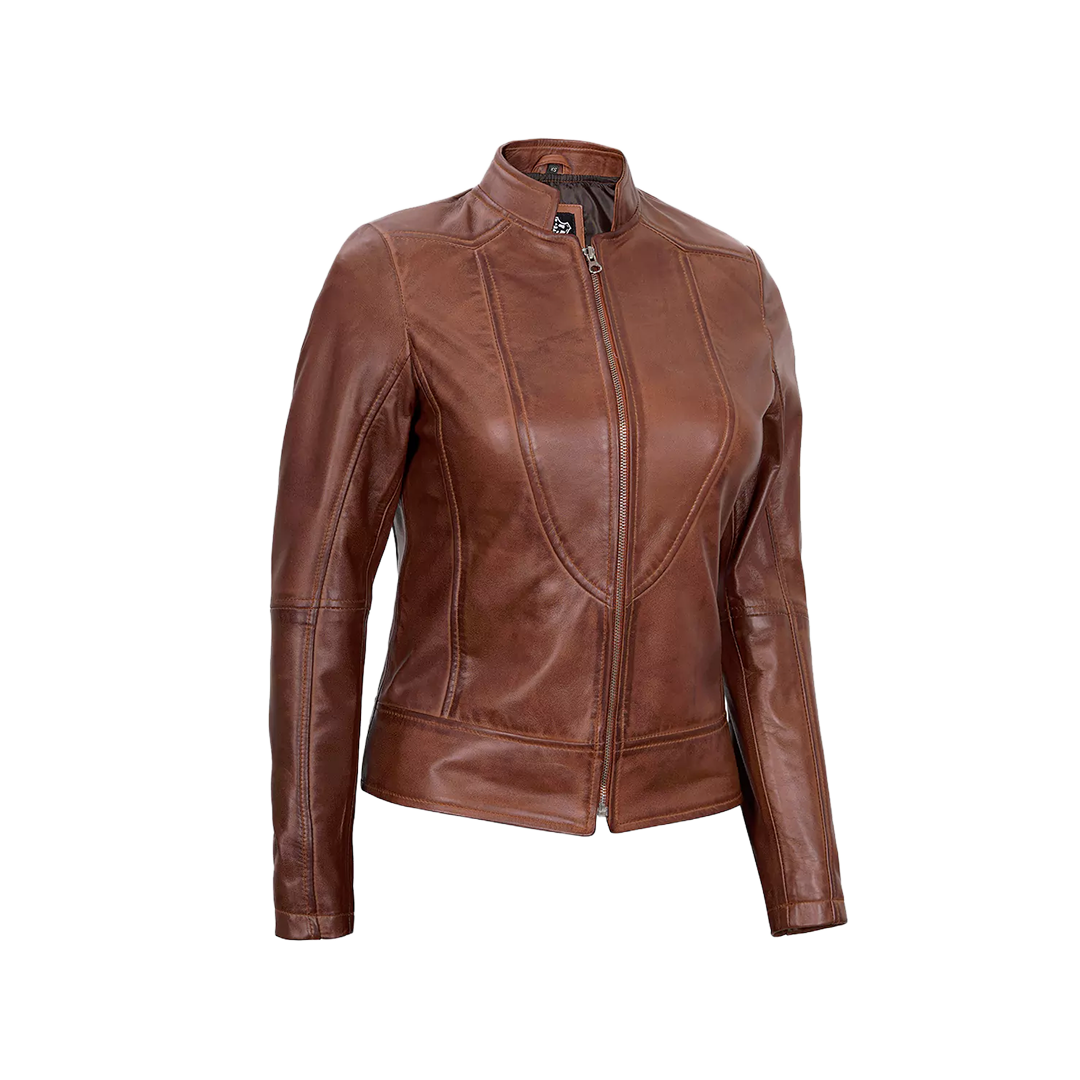 Women's Vintage Cafe Racer Cognac Brown Leather Jacket