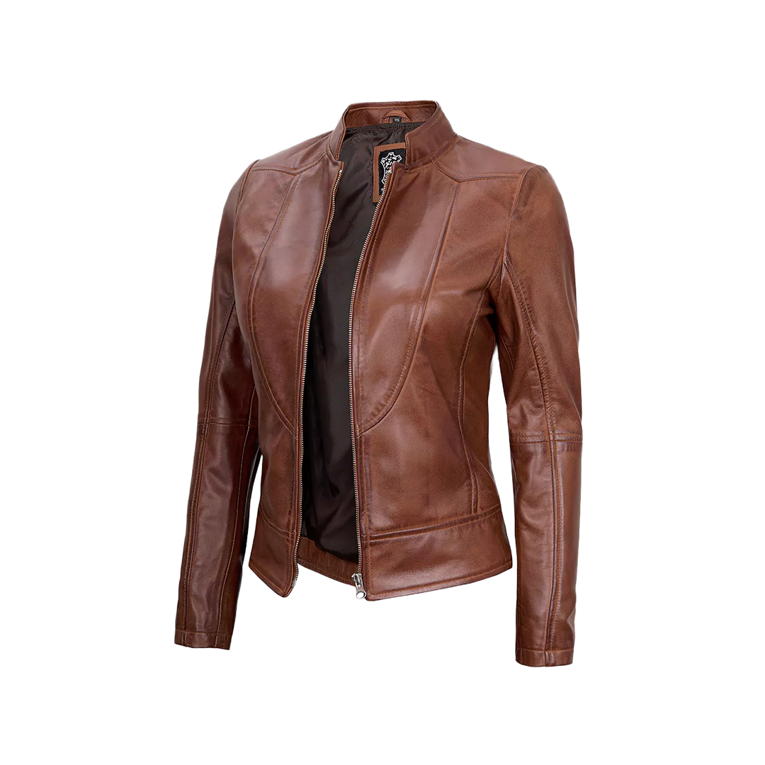 Women's Vintage Cafe Racer Cognac Brown Leather Jacket