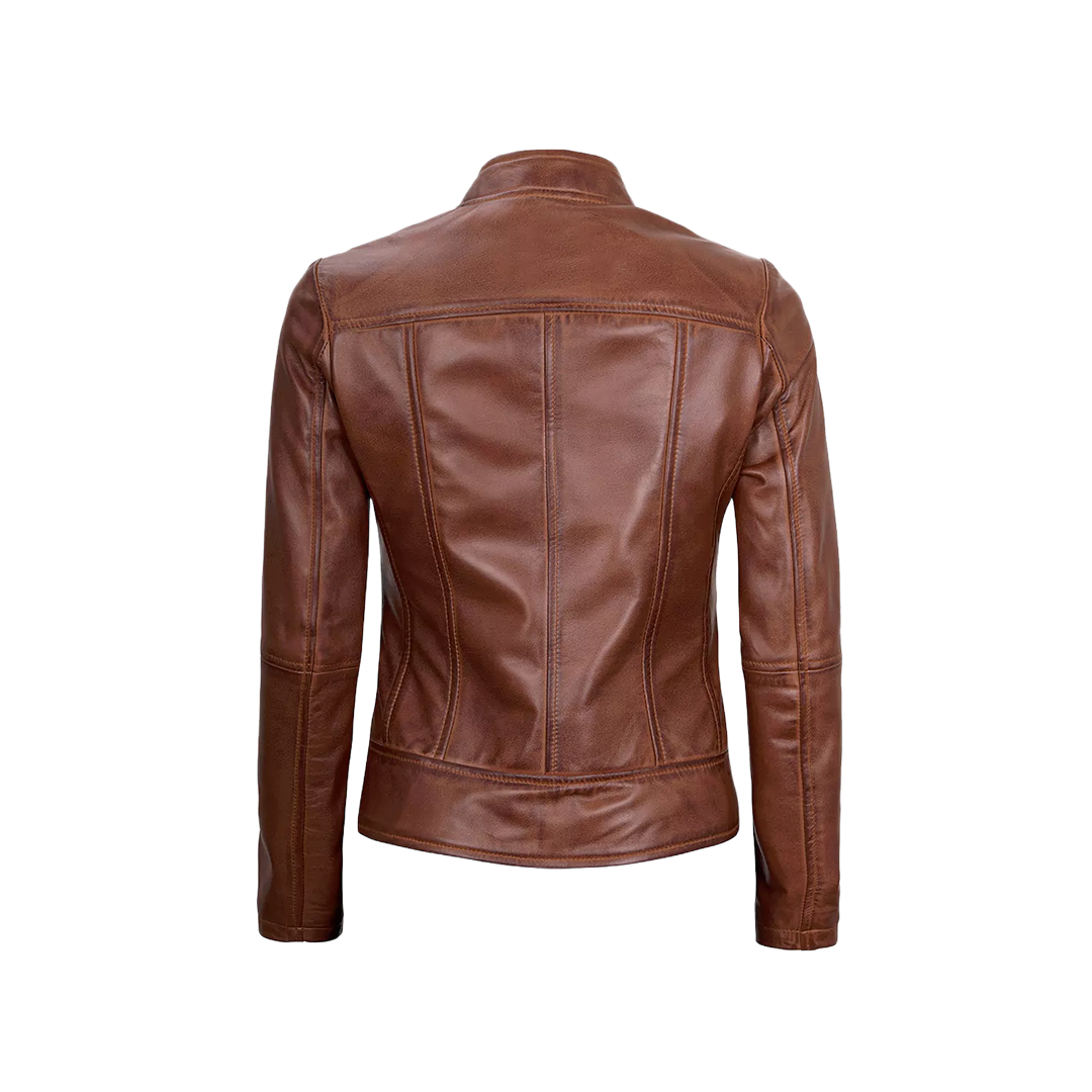 Women's Vintage Cafe Racer Cognac Brown Leather Jacket