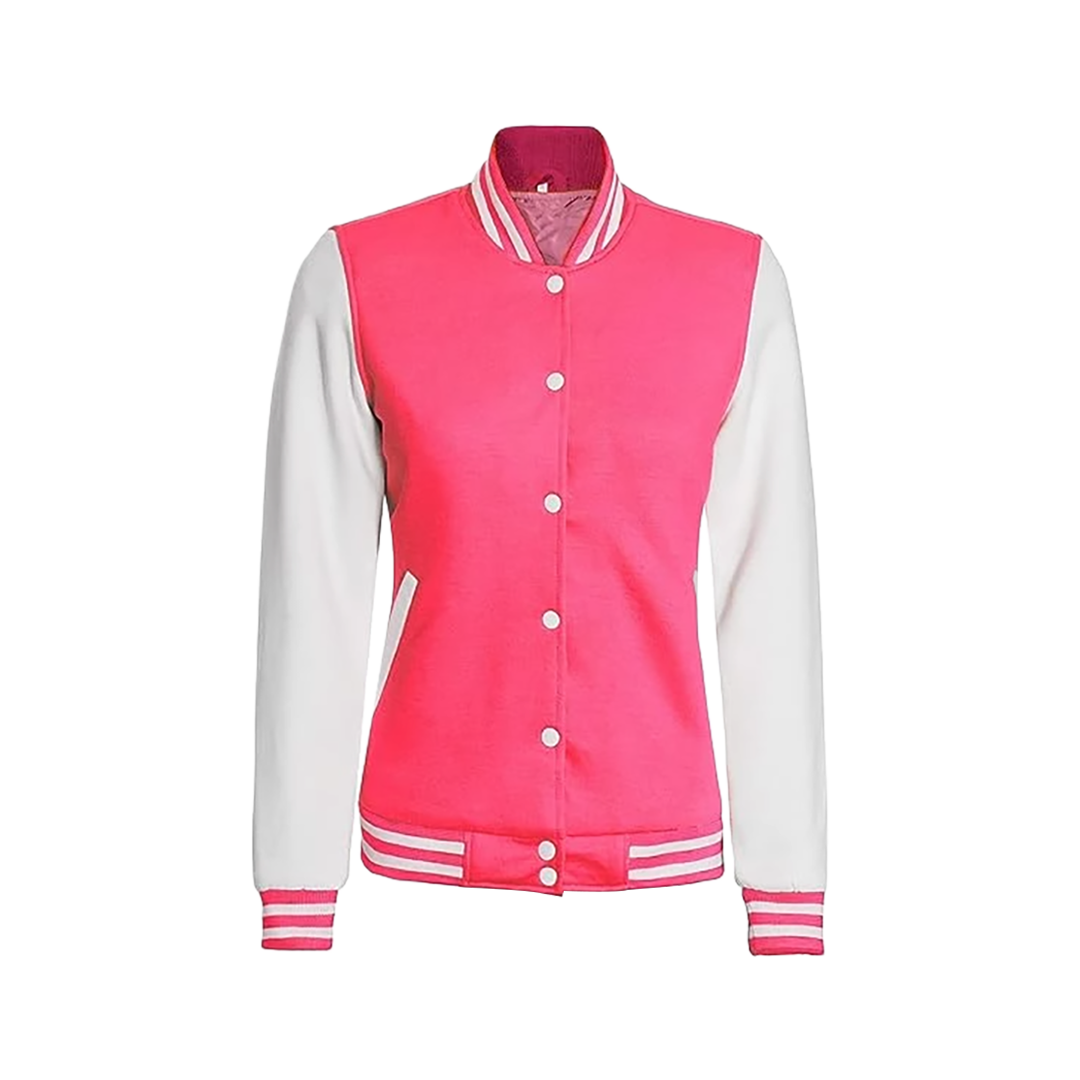 Women's White and Pink Varsity Jacket - Baseball Bomber Style