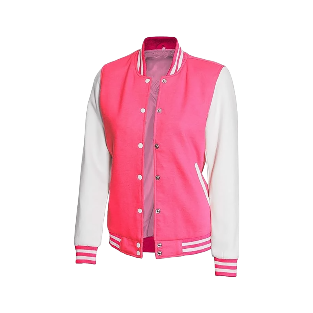 Women's White and Pink Varsity Jacket - Baseball Bomber Style